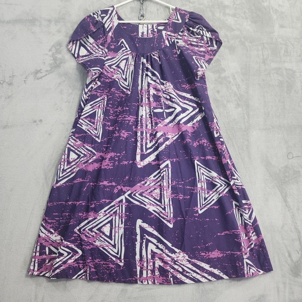Vintage Blue Hawaii Dress Womens L Purple Geometric Print Puff Sleeve Muumuu